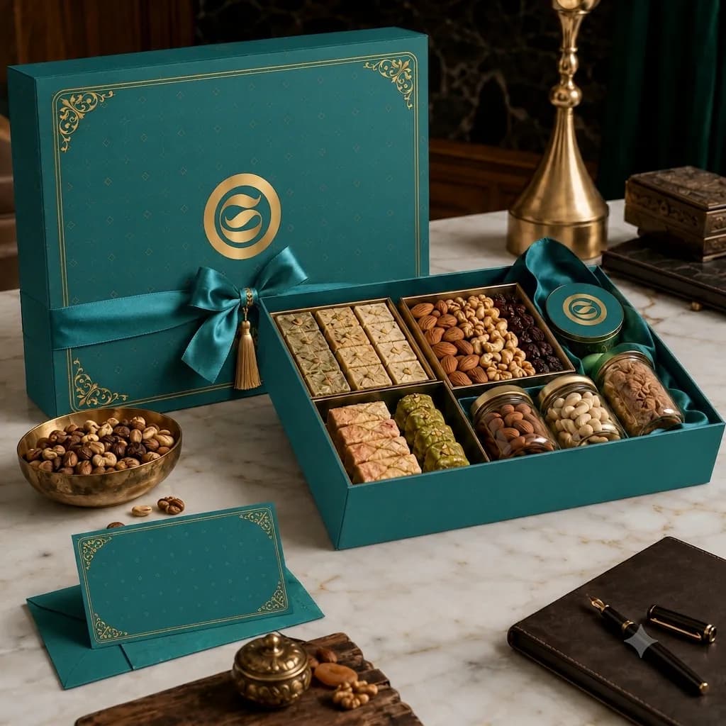 Premium teal dry fruit and sweet box with ribbon on a marble table.